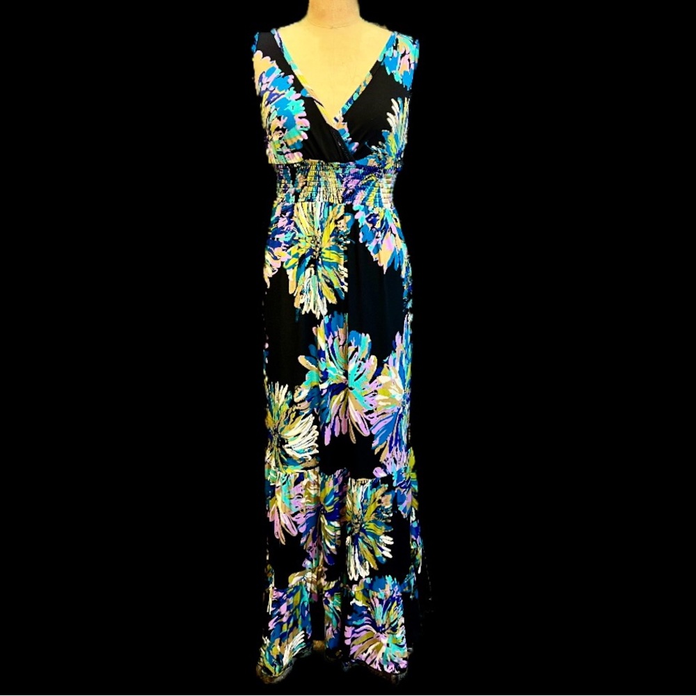 Dark floral tiered long maxi dress sleeveless cross front elastic waist backless